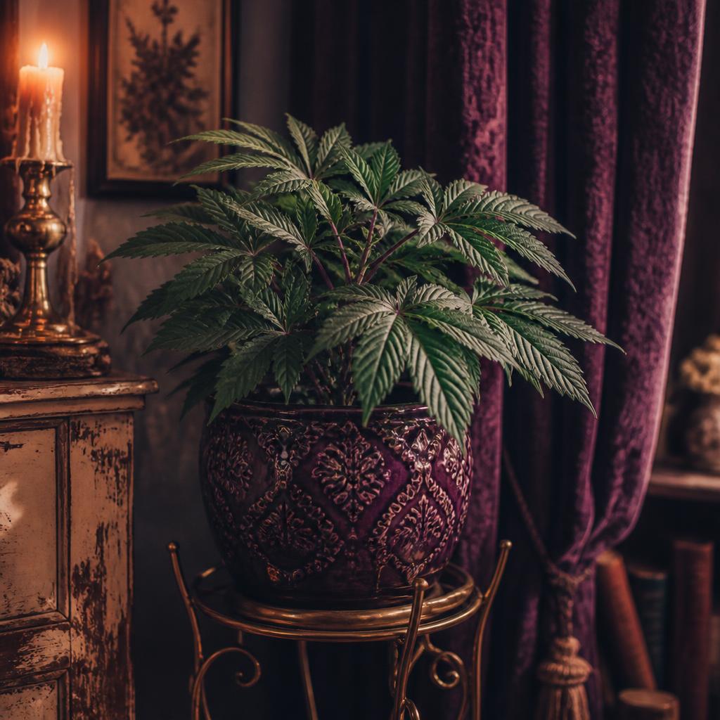 Granddaddy Purple plant potted in a decorative ceramic pot