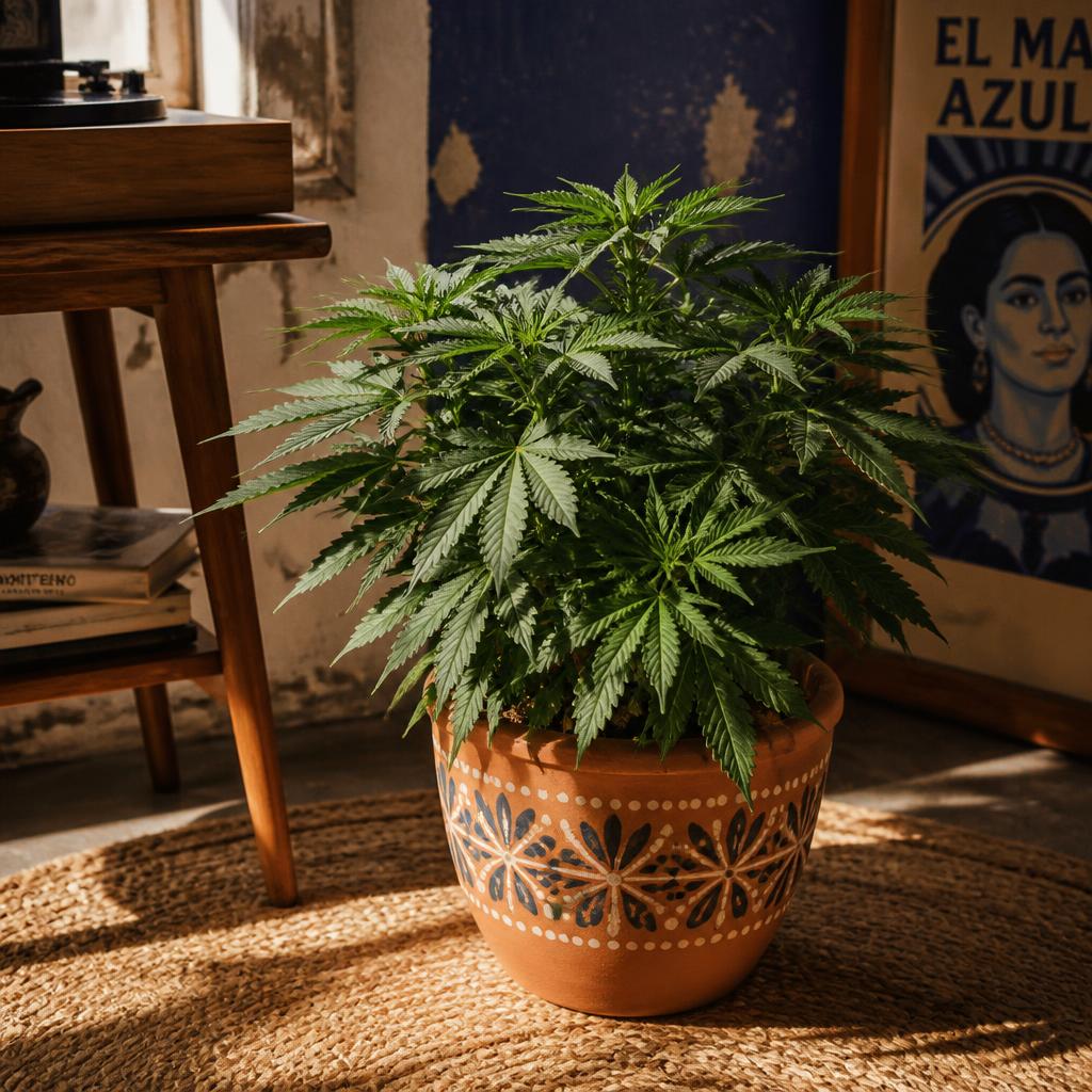 OG Kush plant potted in a decorative ceramic pot