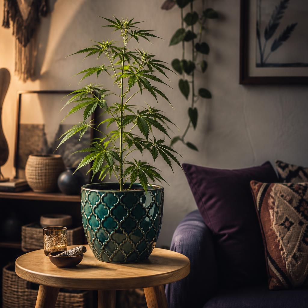 Blue Dream plant potted in a decorative ceramic pot